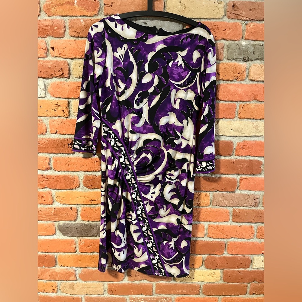 Joseph Ribkoff Elegant Purple and Black Patterned Dress. Size 12